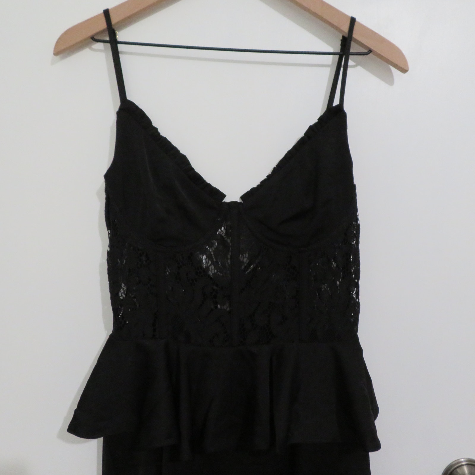 Vici Women Sz M Black Sanderson Peplum Maxi Dress Lace Corset Satin Formal Gown — image 3 of 8